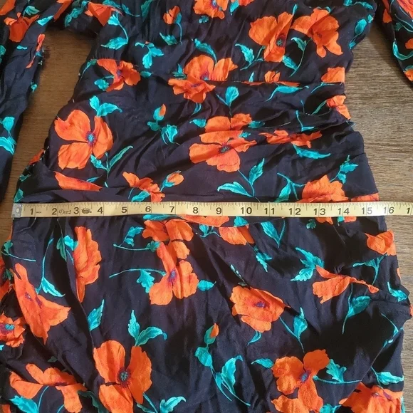Zara Open Back Long Sleeve Ruched Mini Dress Black Orange Floral Print Size Med - Picture 13 of 15